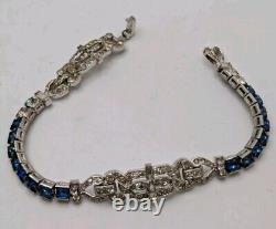 Vintage Crown Trifari Alfred Philippe Silver Tone Clear & Blue Crystal Bracelet