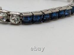 Vintage Crown Trifari Alfred Philippe Silver Tone Clear & Blue Crystal Bracelet