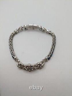 Vintage Crown Trifari Alfred Philippe Silver Tone Clear & Blue Crystal Bracelet