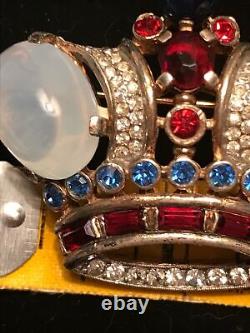 Vintage Crown Trifari Alfred Philippe Sterling Silver Moonstone Cabochons Crown