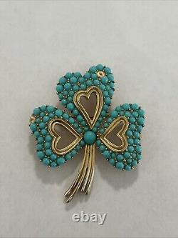 Vintage Crown Trifari Alfred Philippe Turquoise Cabochon Gold Tone hearts Brooch