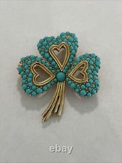 Vintage Crown Trifari Alfred Philippe Turquoise Cabochon Gold Tone hearts Brooch