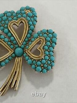 Vintage Crown Trifari Alfred Philippe Turquoise Cabochon Gold Tone hearts Brooch