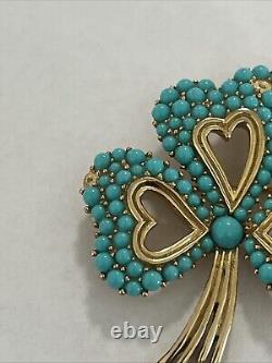 Vintage Crown Trifari Alfred Philippe Turquoise Cabochon Gold Tone hearts Brooch