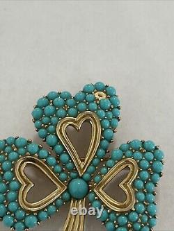 Vintage Crown Trifari Alfred Philippe Turquoise Cabochon Gold Tone hearts Brooch