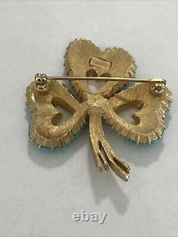 Vintage Crown Trifari Alfred Philippe Turquoise Cabochon Gold Tone hearts Brooch