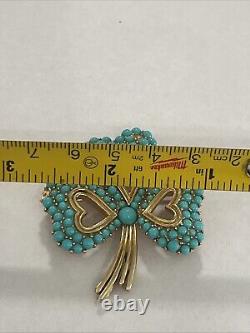 Vintage Crown Trifari Alfred Philippe Turquoise Cabochon Gold Tone hearts Brooch