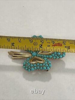 Vintage Crown Trifari Alfred Philippe Turquoise Cabochon Gold Tone hearts Brooch