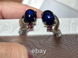 Vintage Crown Trifari Alfred Philippe blue Jelly Belly Rhinestone Earrings