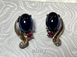 Vintage Crown Trifari Alfred Philippe blue Jelly Belly Rhinestone Earrings