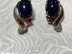 Vintage Crown Trifari Alfred Philippe blue Jelly Belly Rhinestone Earrings