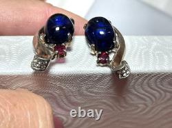 Vintage Crown Trifari Alfred Philippe blue Jelly Belly Rhinestone Earrings