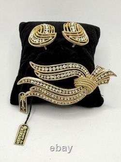 Vintage Crown Trifari Brooch Earrings Rhinestones Alfred Philippe Gold-toned New