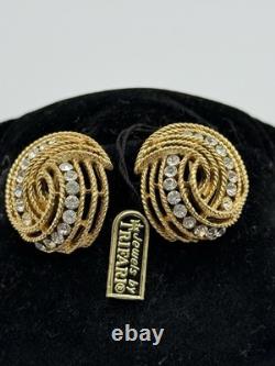 Vintage Crown Trifari Brooch Earrings Rhinestones Alfred Philippe Gold-toned New