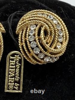 Vintage Crown Trifari Brooch Earrings Rhinestones Alfred Philippe Gold-toned New