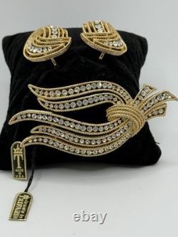 Vintage Crown Trifari Brooch Earrings Rhinestones Alfred Philippe Gold-toned New