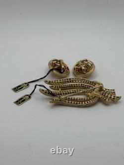 Vintage Crown Trifari Brooch Earrings Rhinestones Alfred Philippe Gold-toned New