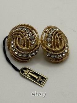 Vintage Crown Trifari Brooch Earrings Rhinestones Alfred Philippe Gold-toned New
