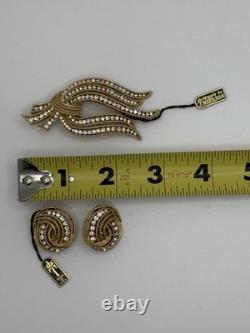 Vintage Crown Trifari Brooch Earrings Rhinestones Alfred Philippe Gold-toned New