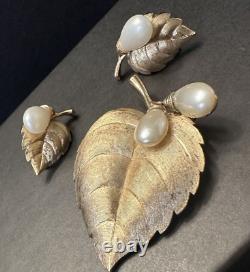Vintage Crown Trifari Leaf Alfred Philippe Brooch Pin Clip On Earrings Set