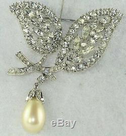 Vintage Crown Trifari Rhinestone Pearl Dangle Pin Alfred Philippe