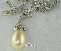 Vintage Crown Trifari Rhinestone Pearl Dangle Pin Alfred Philippe