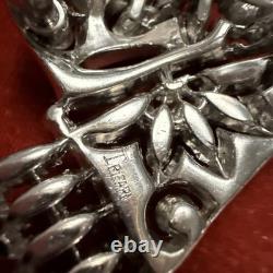 Vintage Crown Trifari Signed Alfred Philippe Rhodium Plated Green Crystal Bow