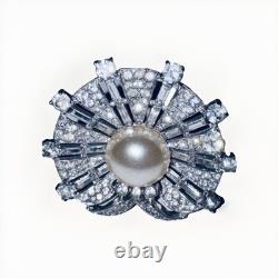 Vintage Crown Trifari Sterling Rhinestone Faux Pearl Brooch Pin Alfred Philippe