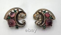 Vintage Crown Trifari Sterling Silver Cabochon Rhinestone Clip Earrings Philippe
