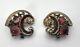 Vintage Crown Trifari Sterling Silver Cabochon Rhinestone Clip Earrings Philippe