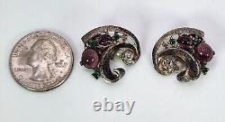 Vintage Crown Trifari Sterling Silver Cabochon Rhinestone Clip Earrings Philippe