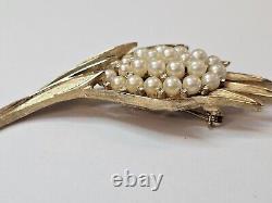 Vintage Crown Triffari Brooch Pin Gold Tone Pearl Rhinestone Cluster MCM Signed