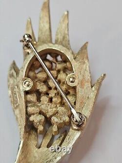 Vintage Crown Triffari Brooch Pin Gold Tone Pearl Rhinestone Cluster MCM Signed