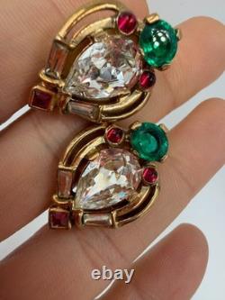 Vintage Earrings Clip On Trifari Coronation Alfred Philippe Teardrop Cabochon