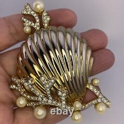 Vintage Jeweled'Tropical Fantasies' Seashell Brooch After Trifari Clam & Pearls