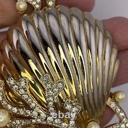Vintage Jeweled'Tropical Fantasies' Seashell Brooch After Trifari Clam & Pearls