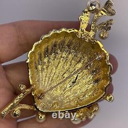 Vintage Jeweled'Tropical Fantasies' Seashell Brooch After Trifari Clam & Pearls
