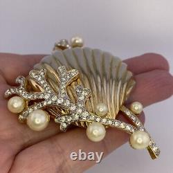 Vintage Jeweled'Tropical Fantasies' Seashell Brooch After Trifari Clam & Pearls