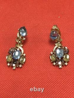 Vintage Nos Crown Trifari Philippe Gold Tone Pastel Muticolored Clip On Earrings