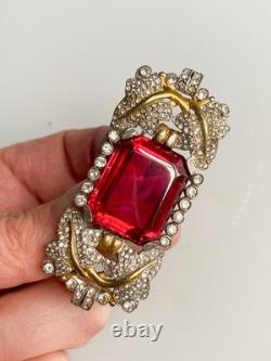 Vintage Philippe Trifari Empress Eugenia Series Huge Octagon Red Stone Brooch