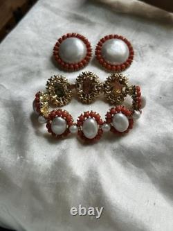 Vintage Pre-1955 Crown Trifari Coral Color Faux Pearl Bracelet & Earrings Set