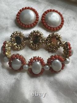 Vintage Pre-1955 Crown Trifari Coral Color Faux Pearl Bracelet & Earrings Set
