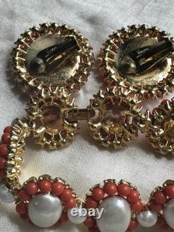 Vintage Pre-1955 Crown Trifari Coral Color Faux Pearl Bracelet & Earrings Set