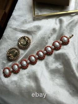 Vintage Pre-1955 Crown Trifari Coral Color Faux Pearl Bracelet & Earrings Set Vintage Pre-1955 Crown Trifari Coral Color Faux Pearl Bracelet & Earrings Set