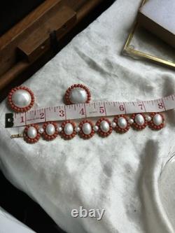 Vintage Pre-1955 Crown Trifari Coral Color Faux Pearl Bracelet & Earrings Set