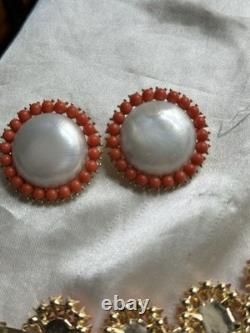Vintage Pre-1955 Crown Trifari Coral Color Faux Pearl Bracelet & Earrings Set Vintage Pre-1955 Crown Trifari Coral Color Faux Pearl Bracelet & Earrings Set