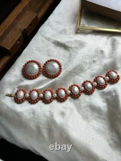 Vintage Pre-1955 Crown Trifari Coral Color Faux Pearl Bracelet & Earrings Set