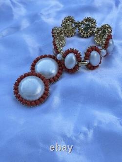 Vintage Pre-1955 Crown Trifari Coral Color Faux Pearl Bracelet & Earrings Set Vintage Pre-1955 Crown Trifari Coral Color Faux Pearl Bracelet & Earrings Set