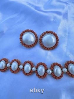Vintage Pre-1955 Crown Trifari Coral Color Faux Pearl Bracelet & Earrings Set