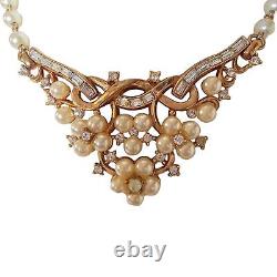 Vintage Signed Trifari Alfred Philippe Gold Tone Necklace Faux Pearls Rhinestone